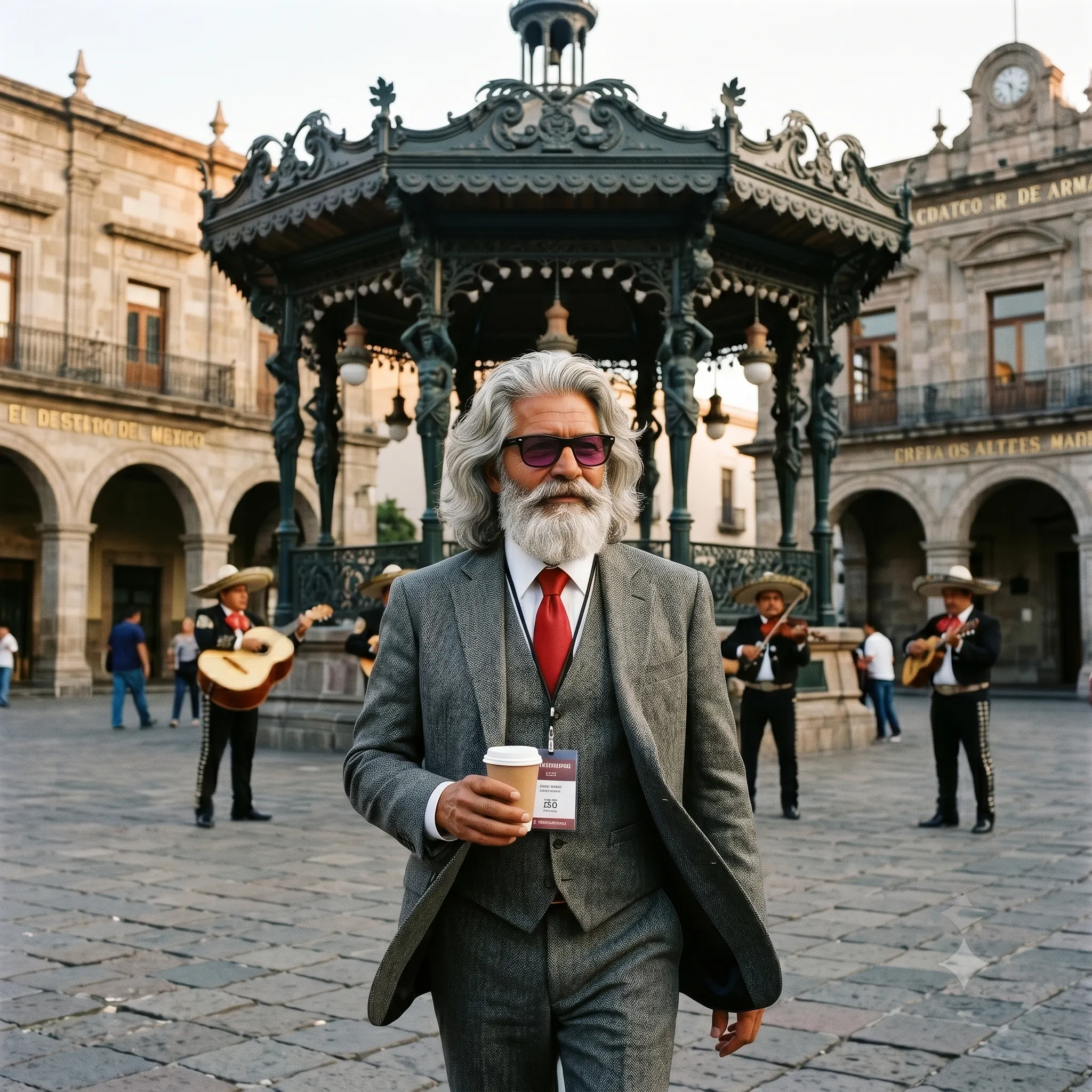 Bruno Bolts mit Kaffee auf der Plaza de Armas in Guadalajara, Mariachis im Hintergrund